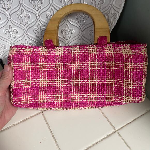 VTG Y2K Pink Woven Bag Wood Handle Clueless Coquette 90s Vibe - Picture 2 of 6